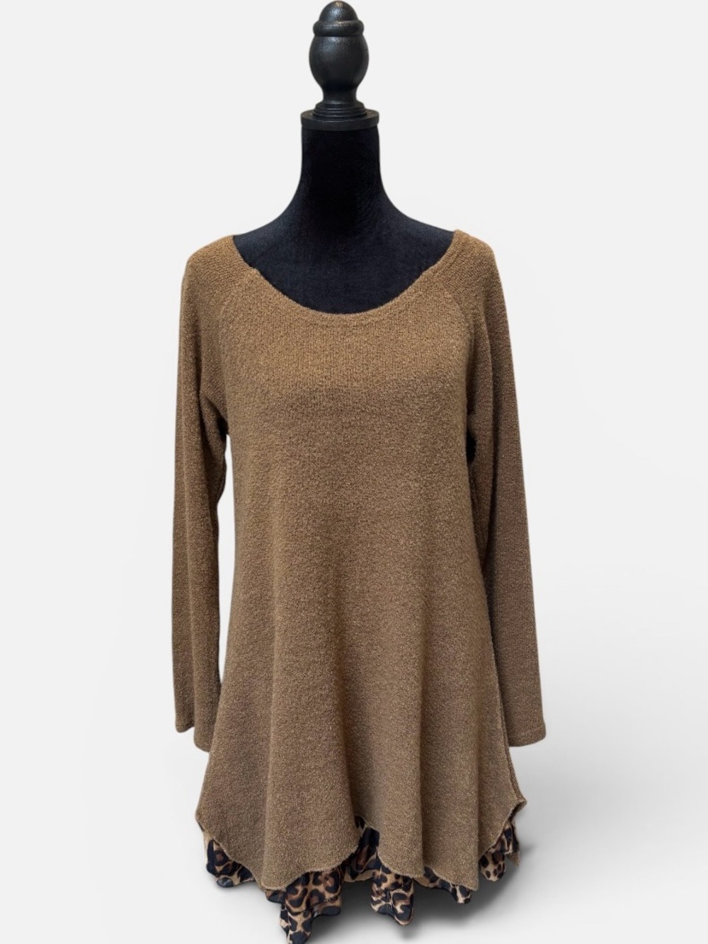 Papillon Blanc Brown Textured Tunic with Leopard Hem